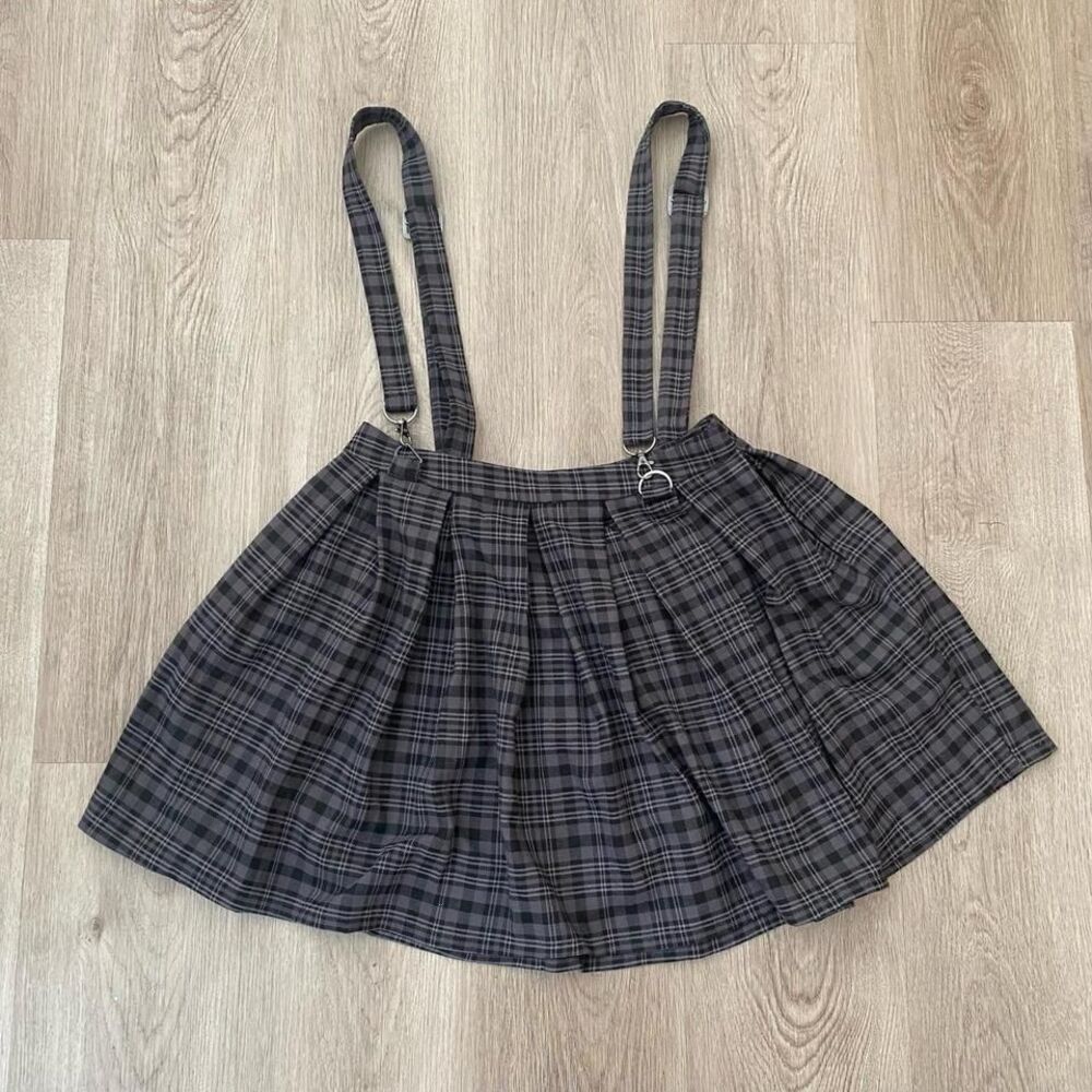 Grey and black hot topic‎ plaid skirt with suspenders size small vintage
